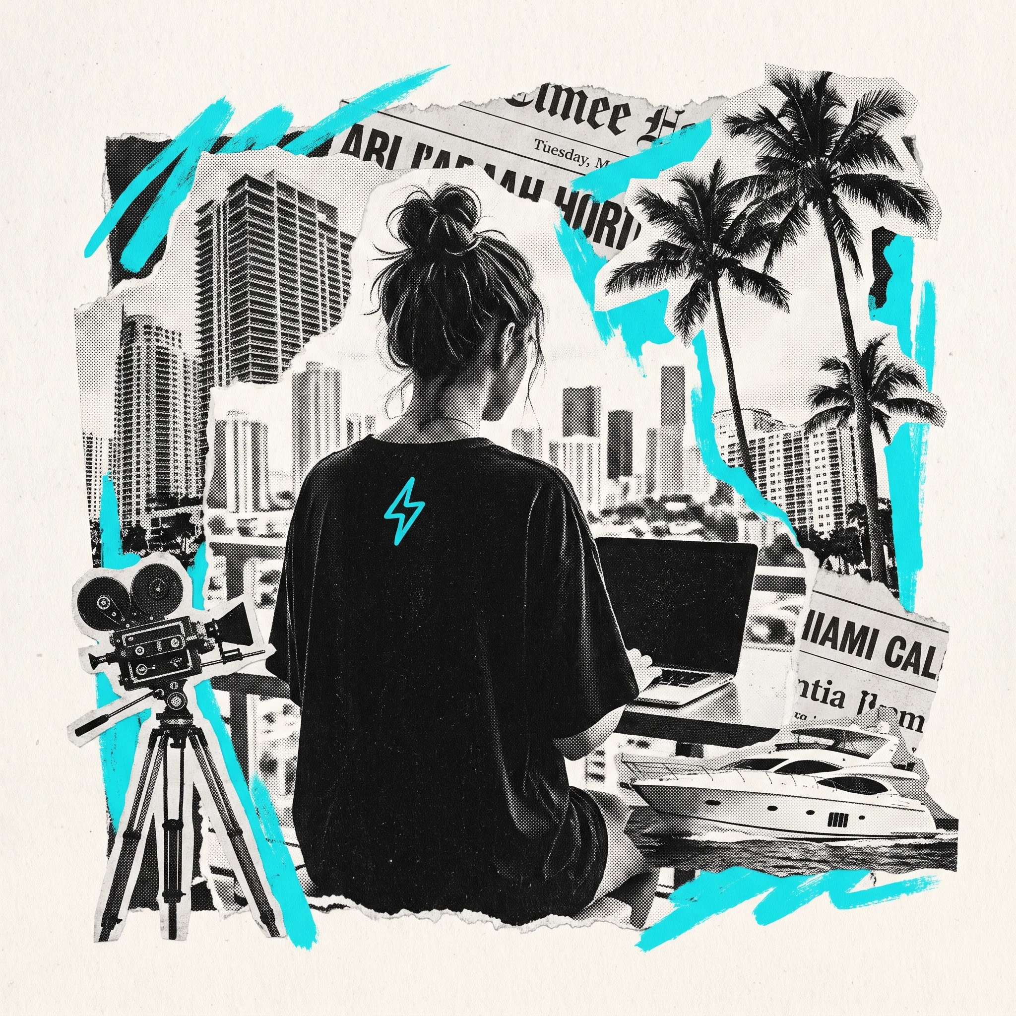 MIND MIAMI creative team collage with Miami skyline, camera, laptop, palms, and yacht